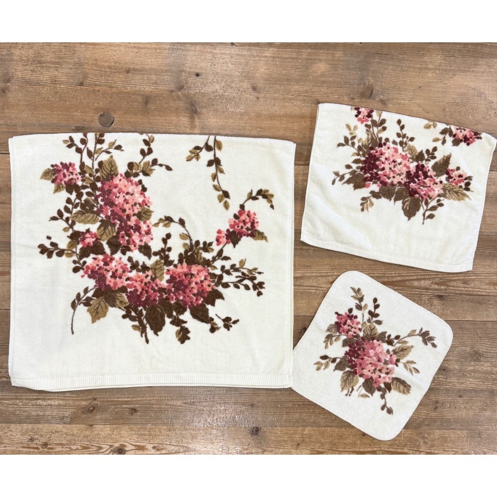 Vintage Towel Set Floral Hydrangea Springmaid 3 Piece Pink Brown White USA Made